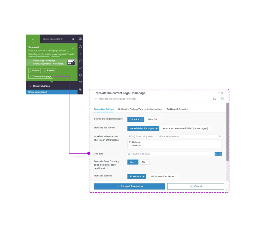 A user interface showing translation settings for a webpage, including source/target languages, urgency, and due date options.